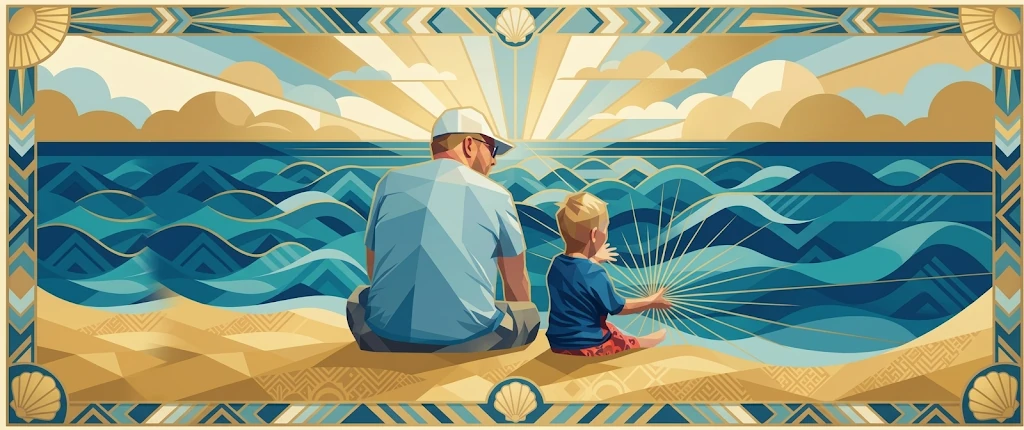 Illustration of a father and child sitting by the ocean beneath a radiant sun, framed by decorative geometric patterns